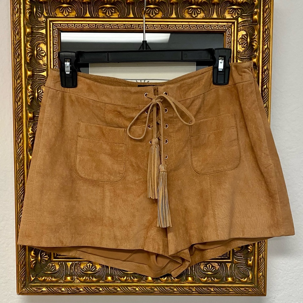 Intermix Exclusive Tan Leather Lace Up Tassel Shorts - Sz Small
